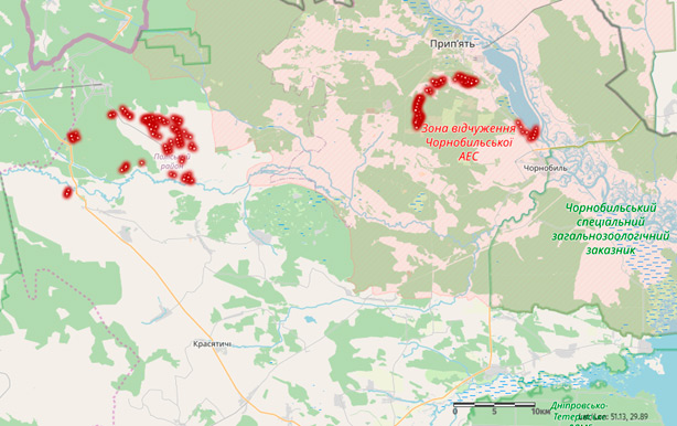 карта пожаров Чернобыль